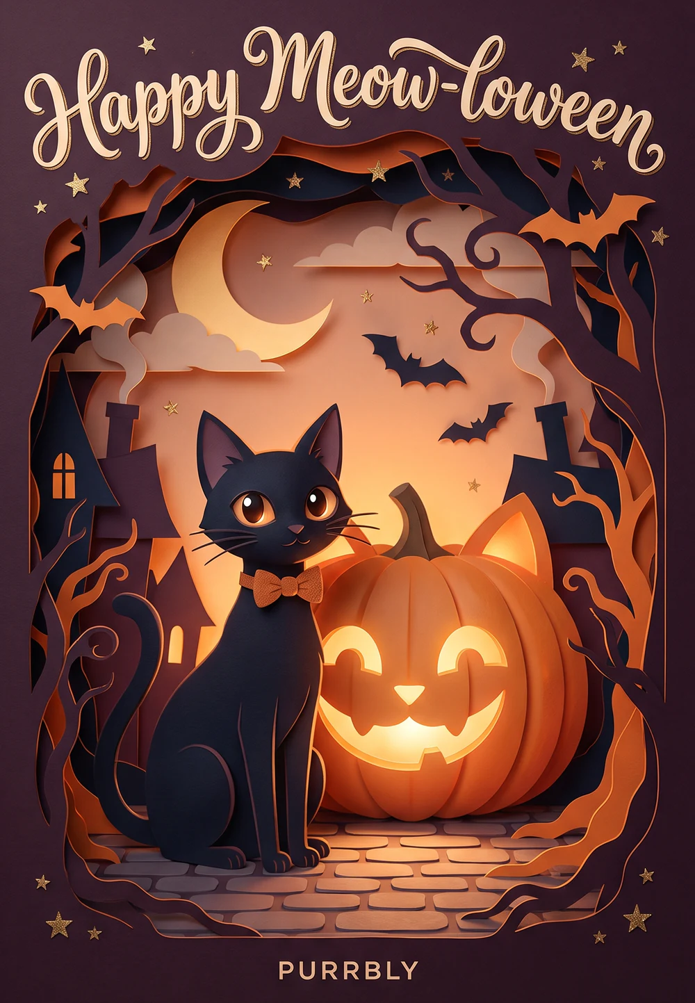 Halloween card: a black cat in an orange bow tie beside a glowing jack-o’-lantern with cat ears, under a crescent moon and bats, with the words Happy Meow-loween