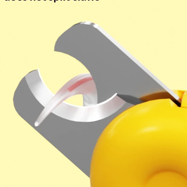 The stainless steel crescent blade of the LED cat nail clipper, with the pink quick visible inside a pale claw