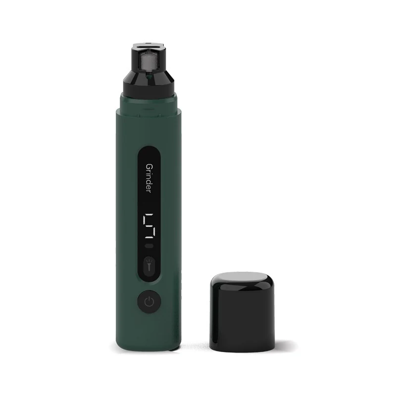 Dark green rechargeable cat nail grinder with LED, speed display and black cap
