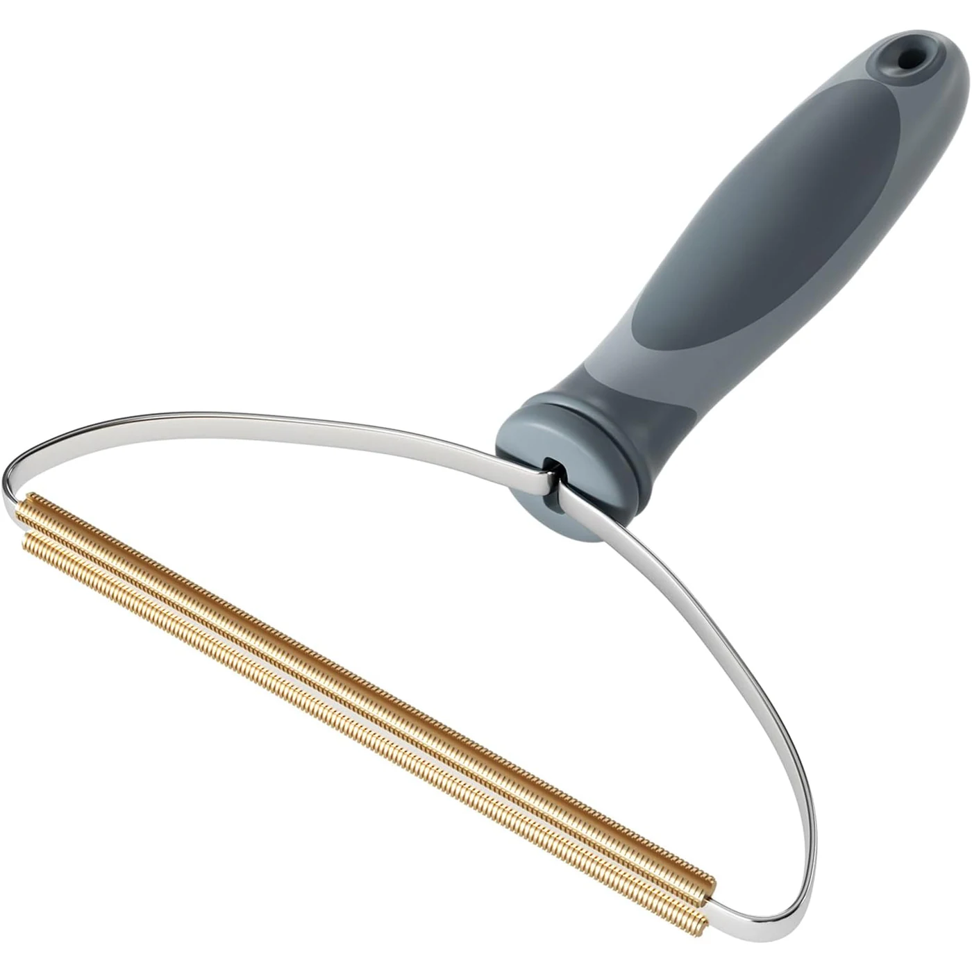 The Fur Rake cat hair remover for couch and carpet: grey handle, stainless steel frame and twin copper-coloured coils