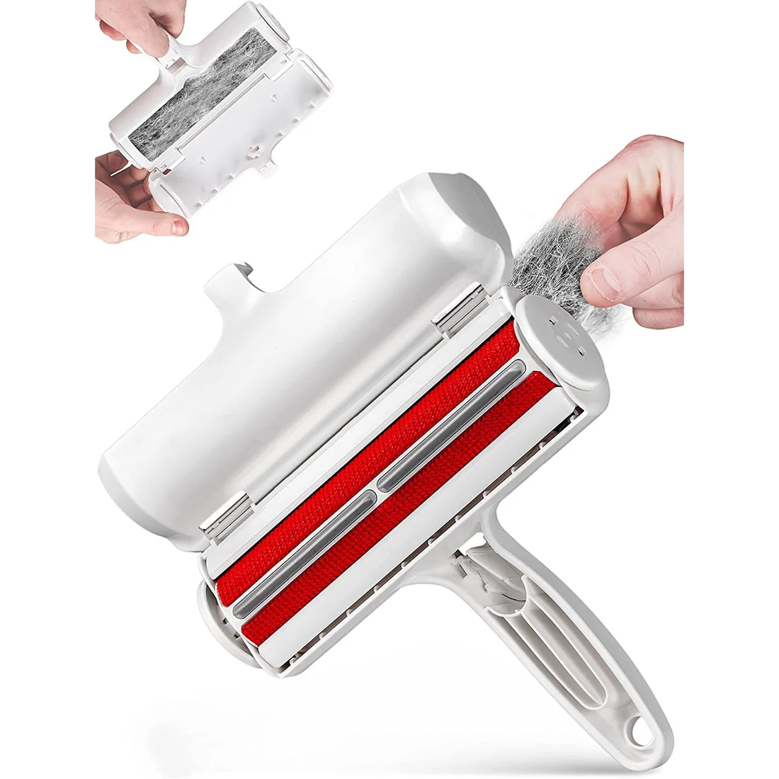 The Clean Sweep pet hair remover roller with its fur chamber open