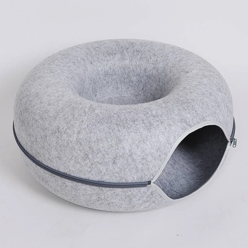 The Hideaway light grey felt cat tunnel bed with zipper and round entrance