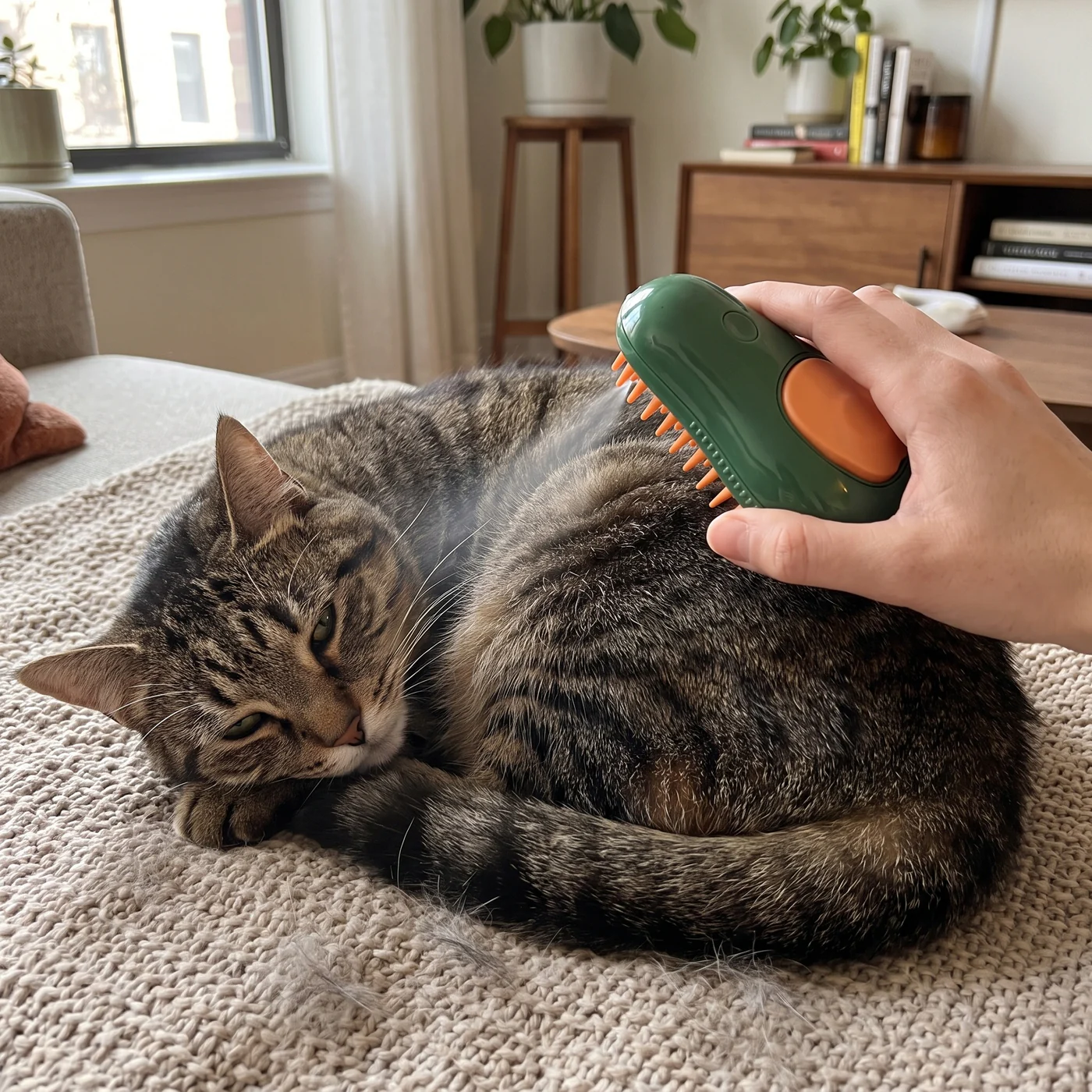 Hand brushing a relaxed tabby cat with The Avocado, a green avocado-shaped cat steam brush with orange silicone teeth