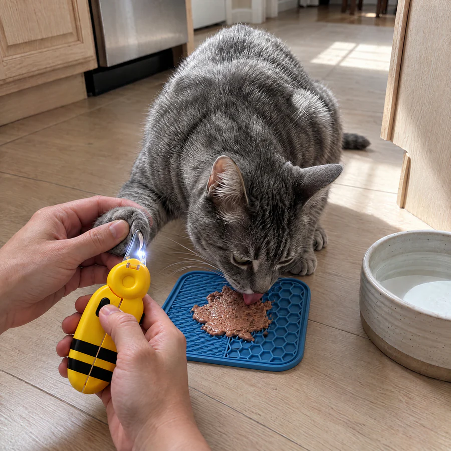 A calm cat licking a blue lick mat on the kitchen floor while its owner trims a claw with the yellow bee LED cat nail clipper from The Calm Trim Kit