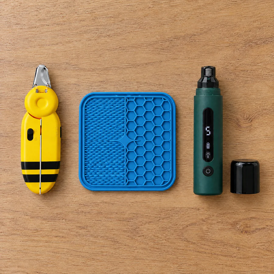 The Calm Trim Kit with the Quiet Grinder: a yellow bee LED cat nail clipper, a blue lick mat and a dark green rechargeable cat nail grinder