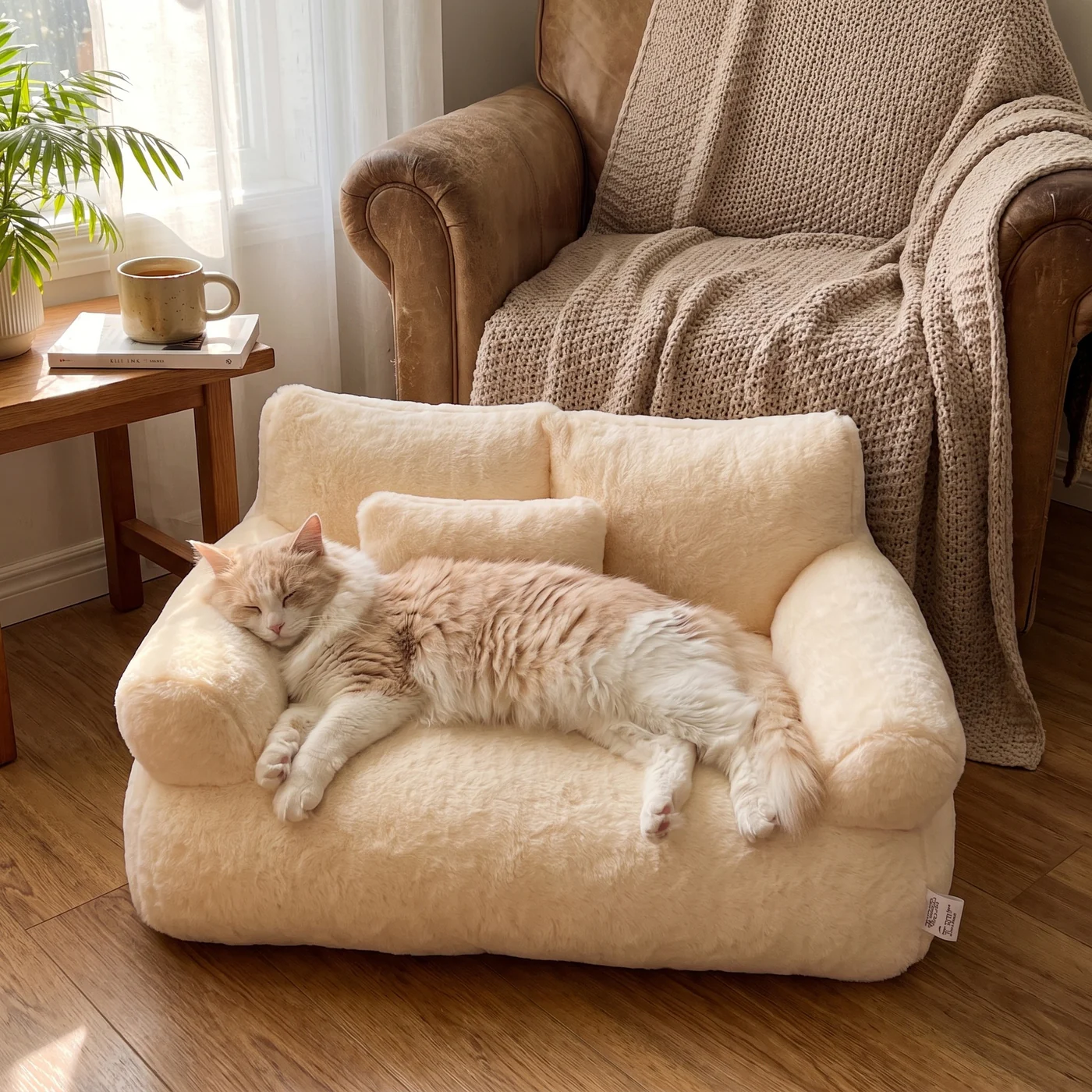 A fluffy cream cat asleep across The Little Loveseat, a cream plush cat sofa bed, beside an armchair with a knitted throw