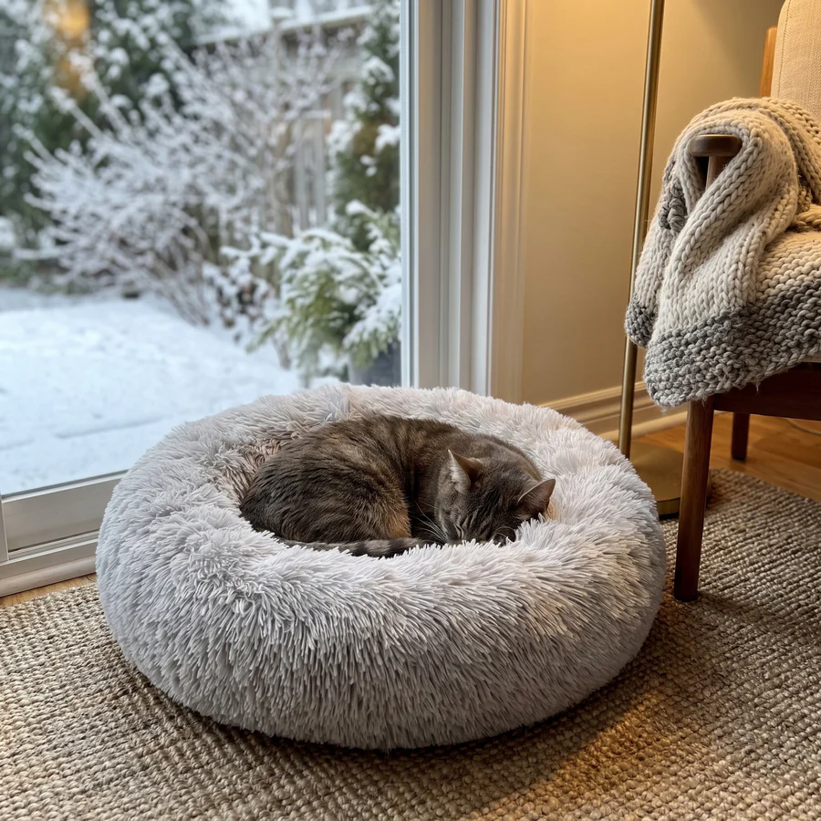 A tabby cat curled up asleep in The Cloud, a light grey fluffy donut cat bed, by a window with snow outside