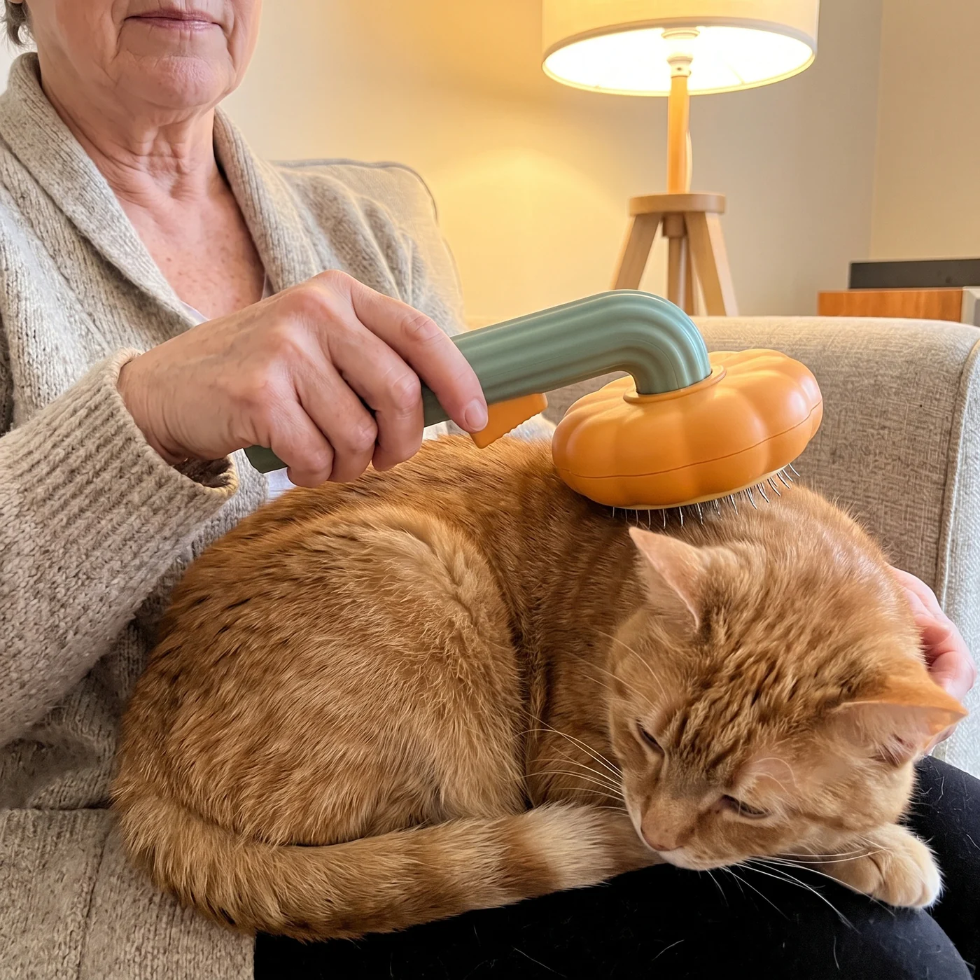 A woman brushing a ginger cat on her lap with The Easy Groom, an orange pumpkin self-cleaning slicker brush with a green handle