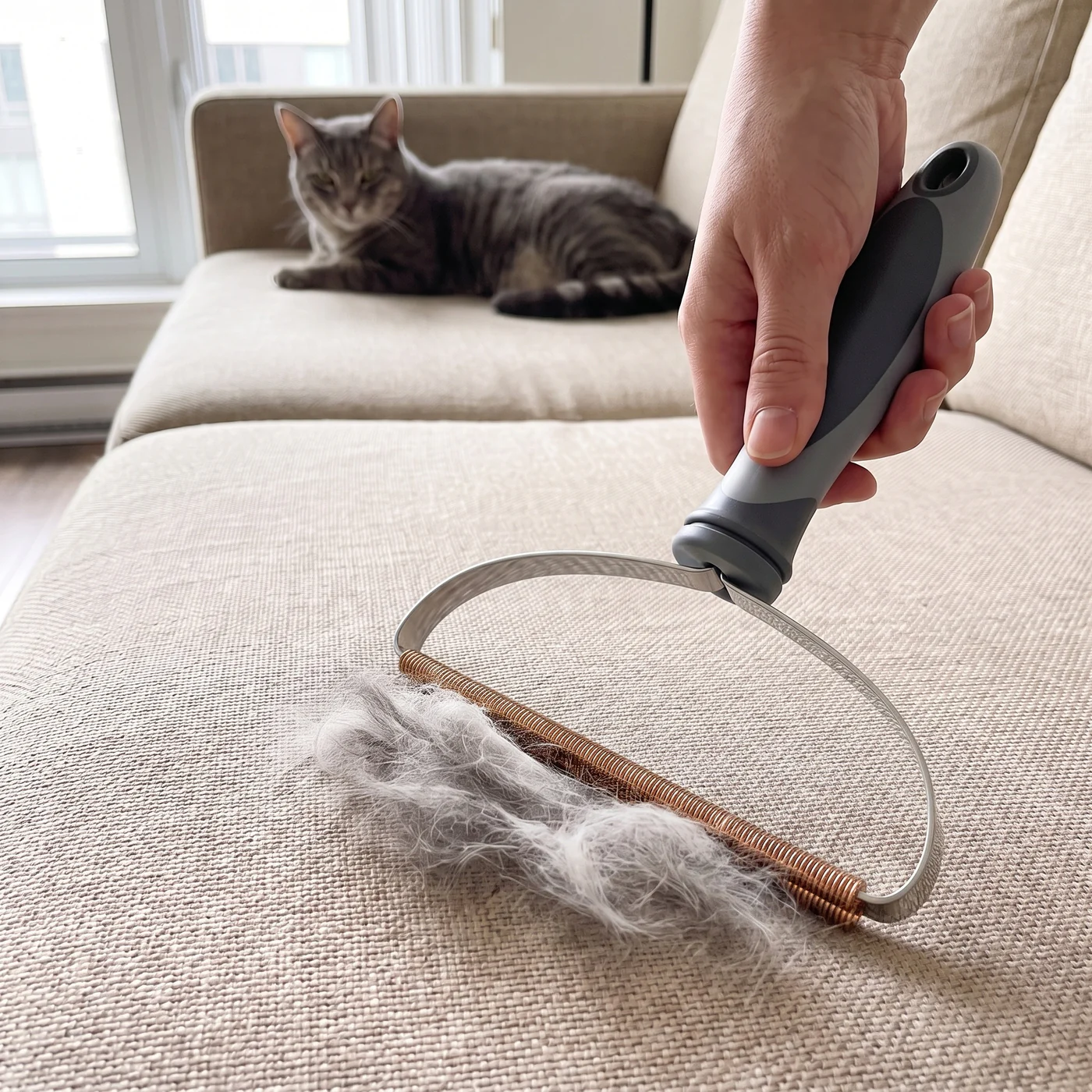 Pulling The Fur Rake cat hair remover across a beige sofa cushion, gathering grey cat hair into a pile while a tabby cat watches