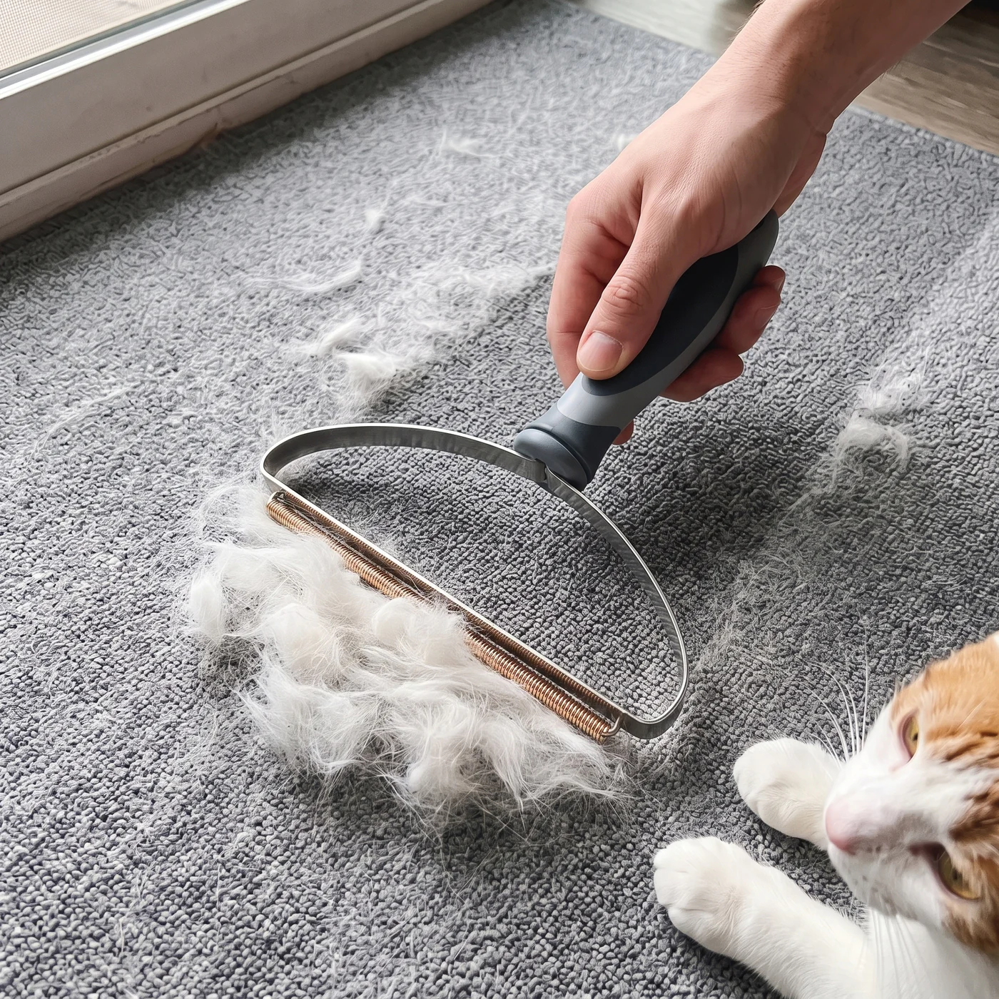 Cat hair remover rake pulling white cat fur out of a grey rug as a ginger and white cat reaches for the pile