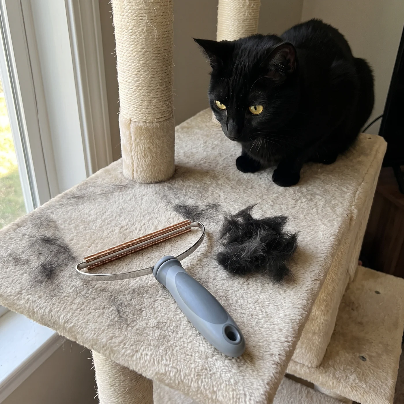 The Fur Rake lying on a cat tree platform beside a pile of black cat hair it pulled out of the carpet