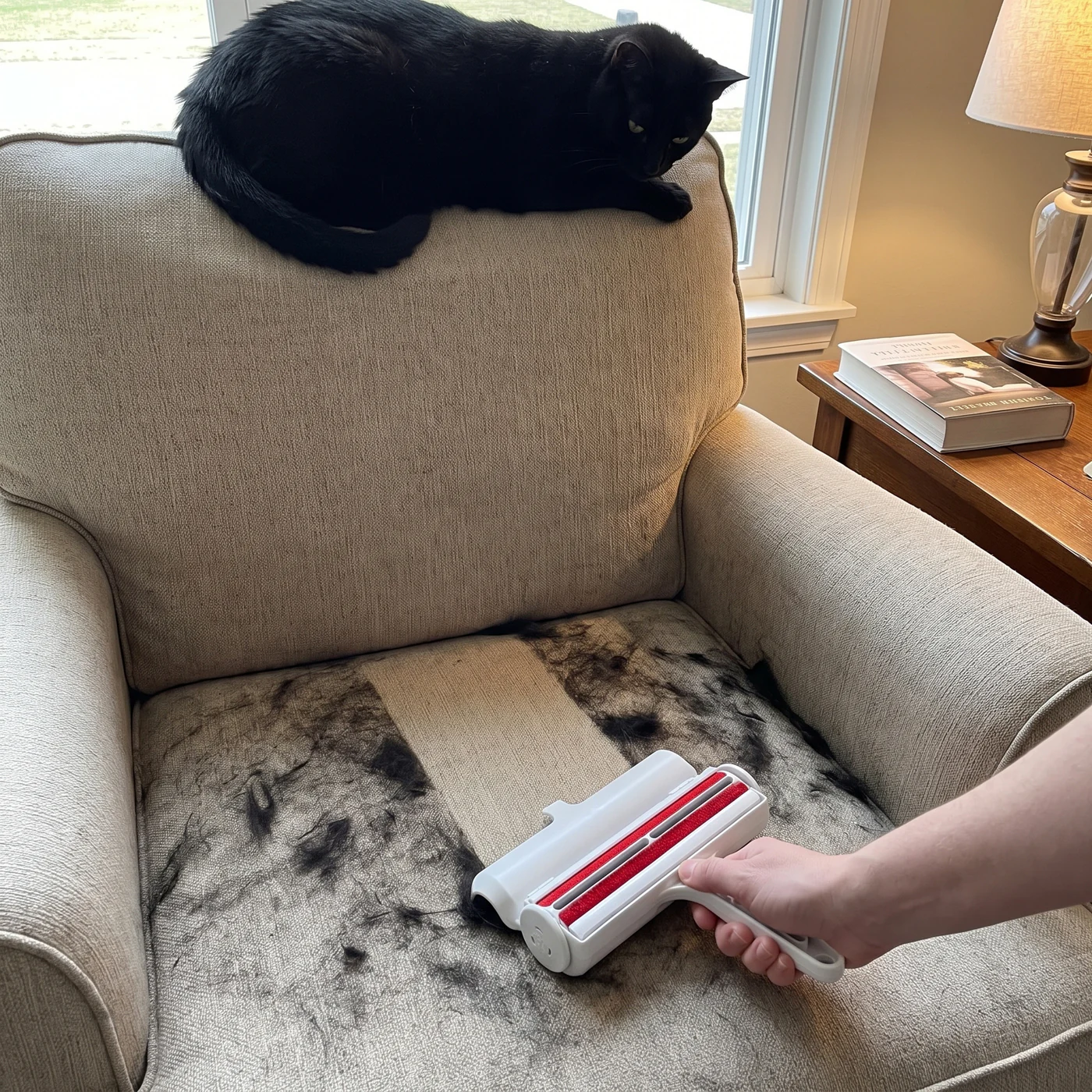 Reusable cat hair remover roller cleaning black cat hair off a beige armchair