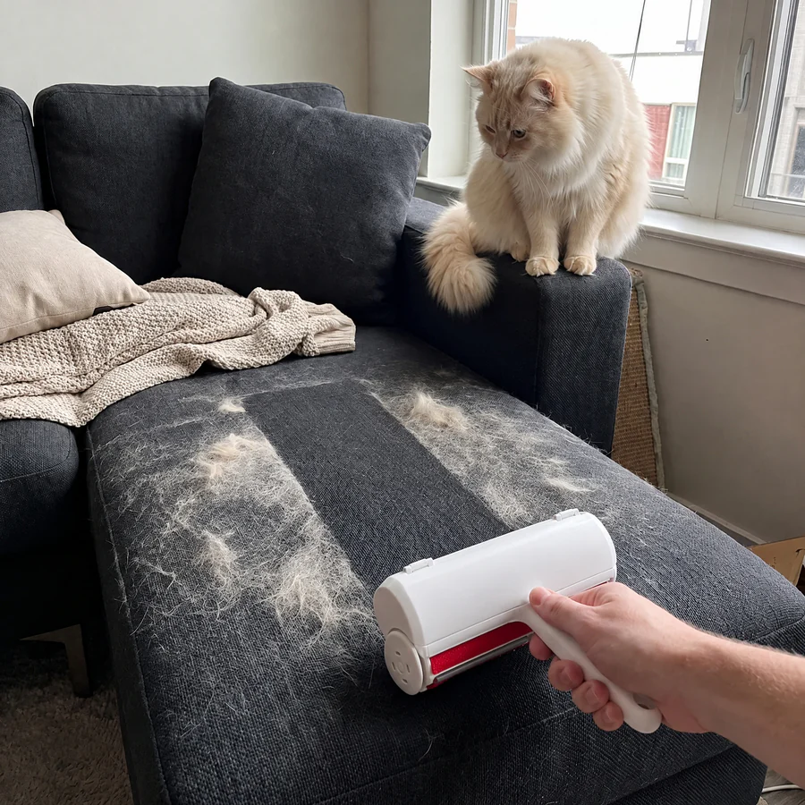 Rolling The Clean Sweep reusable pet hair remover over a sofa covered in cat hair, leaving a clean stripe