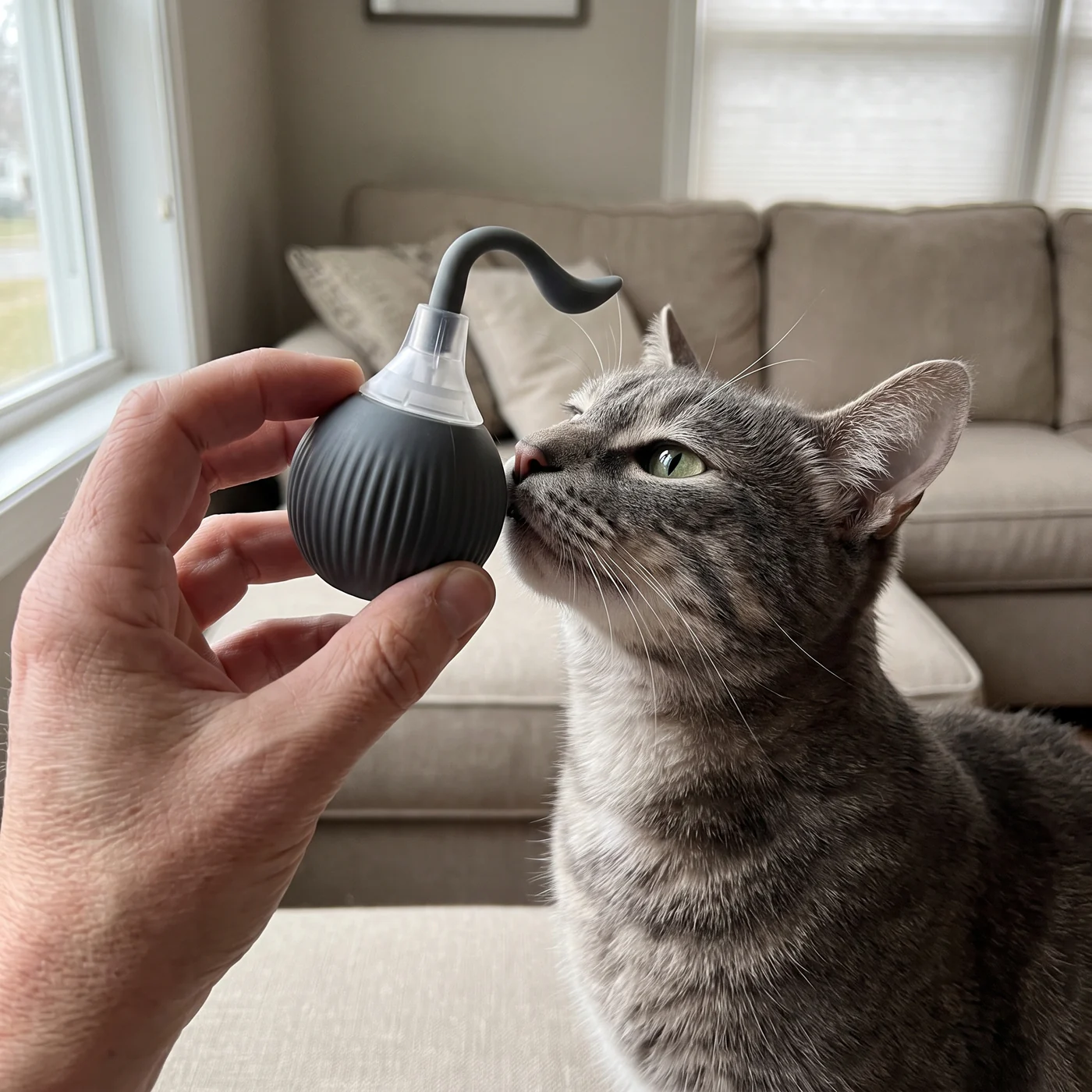 Interactive cat toy ball held in a hand to show its size, with a cat sniffing it