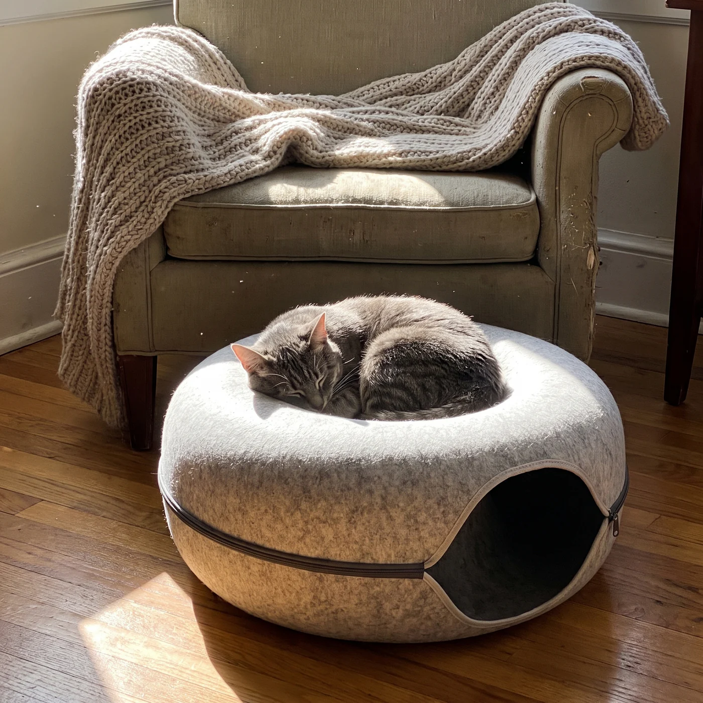Cat asleep on top of a light grey felt donut cat cave in the sun