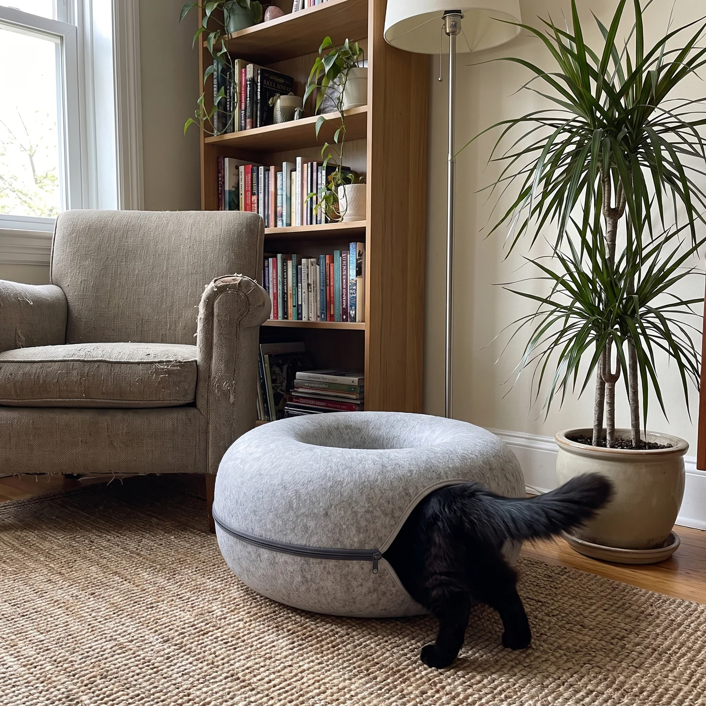 Felt donut cat tunnel bed in a living-room corner with a black cat climbing in