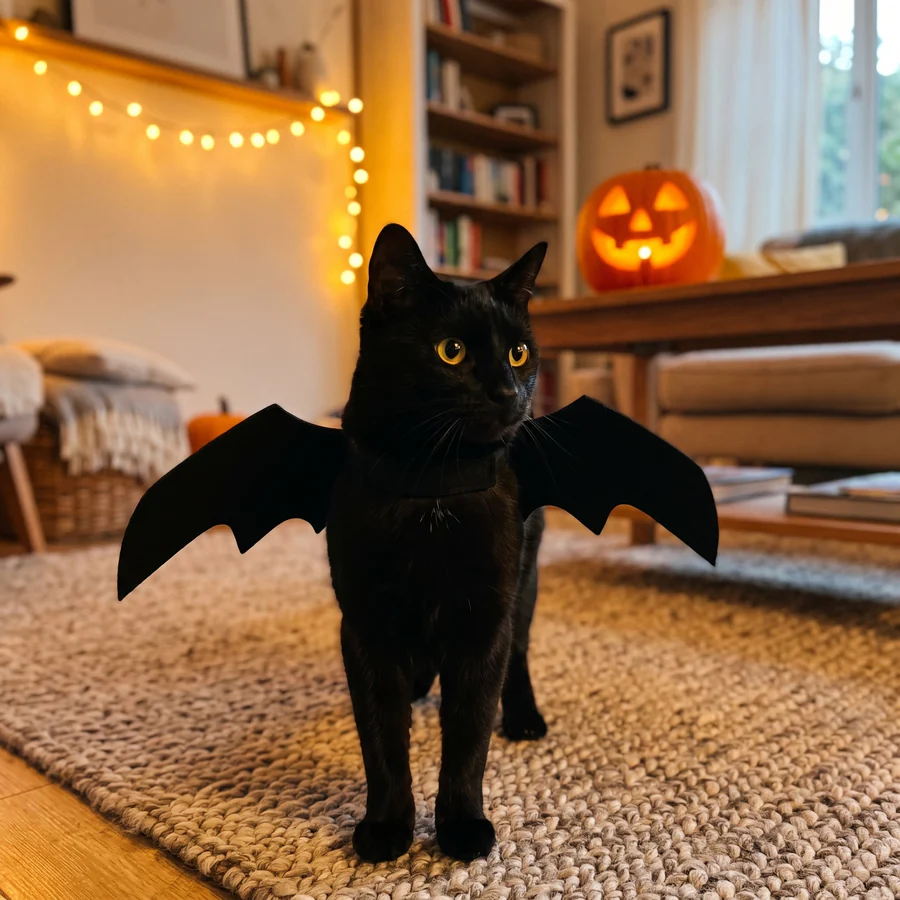 Black cat standing on a rug in a living room wearing black felt cat bat wings