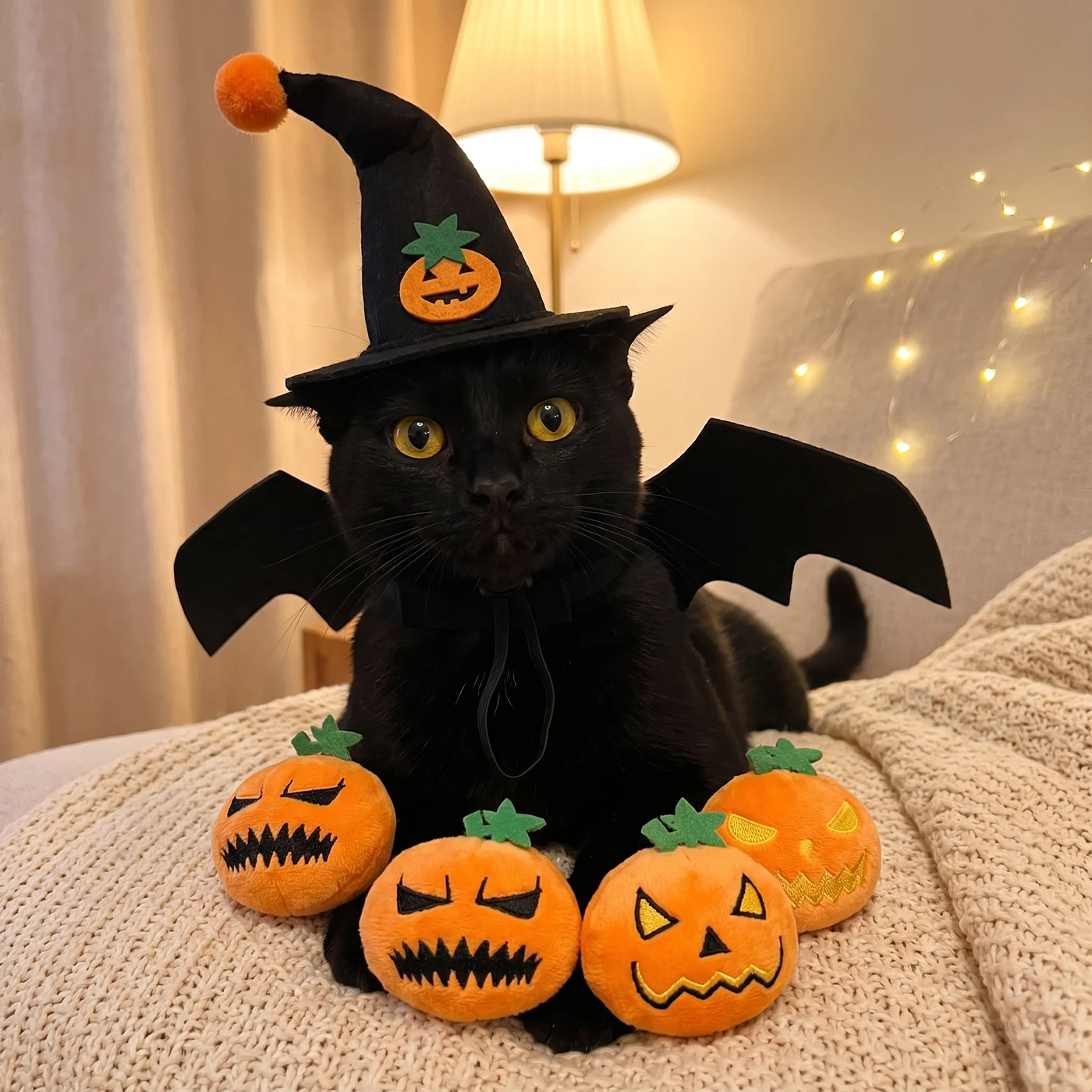 Black cat wearing a witch hat and bat wings beside plush pumpkin toys