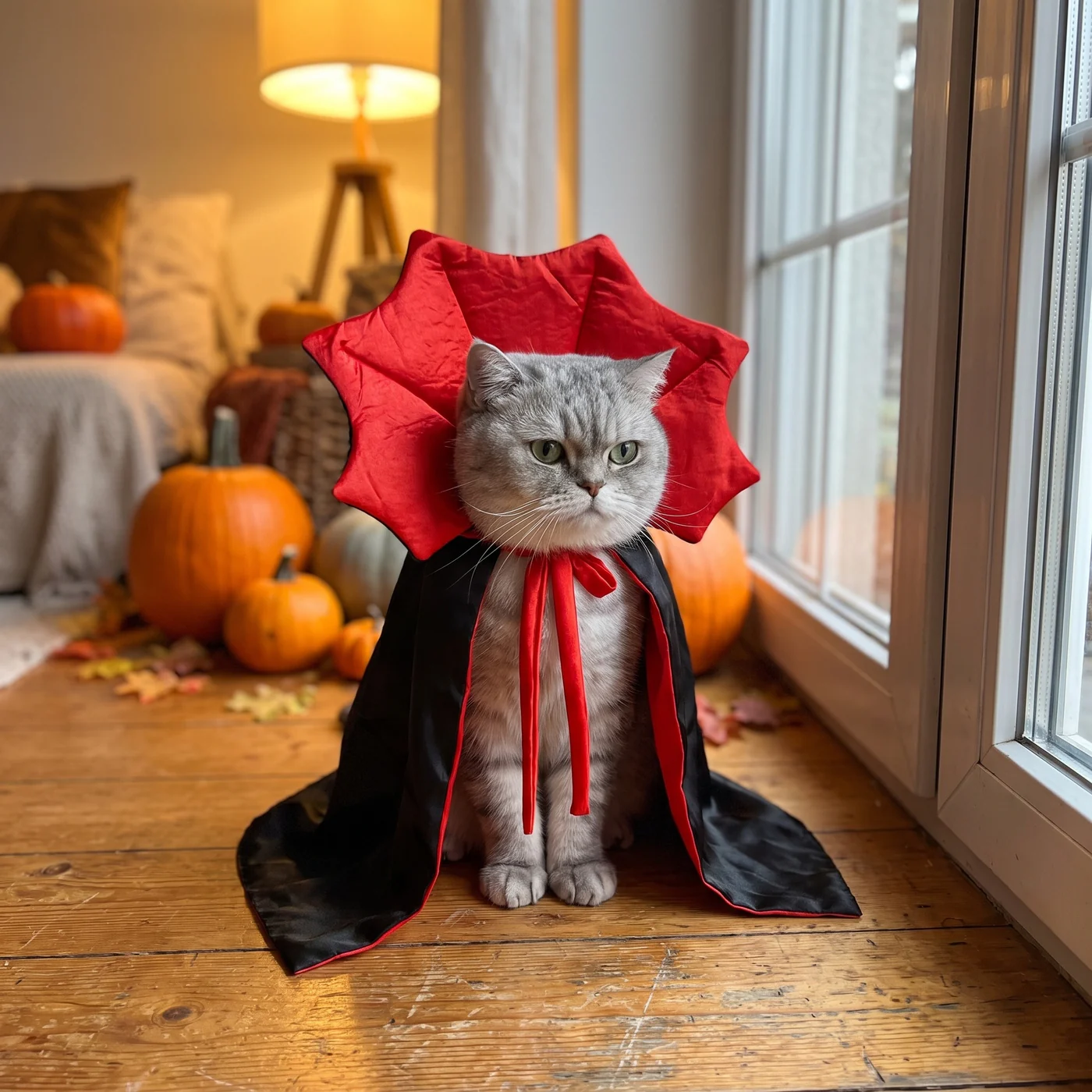 Grey British shorthair cat by a window wearing The Night Cape black and red cat vampire cape