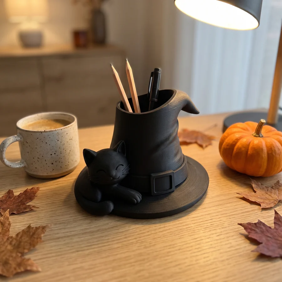 The Familiar black cat witch hat pen holder on an oak desk with pencils, a coffee mug and a small pumpkin