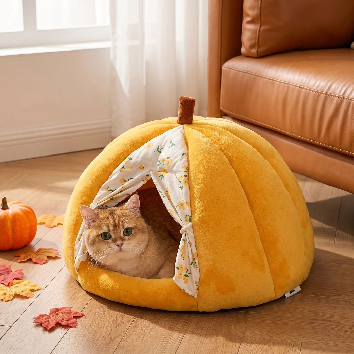 Golden cat lying inside The Pumpkin House plush pumpkin cat bed with a floral door curtain