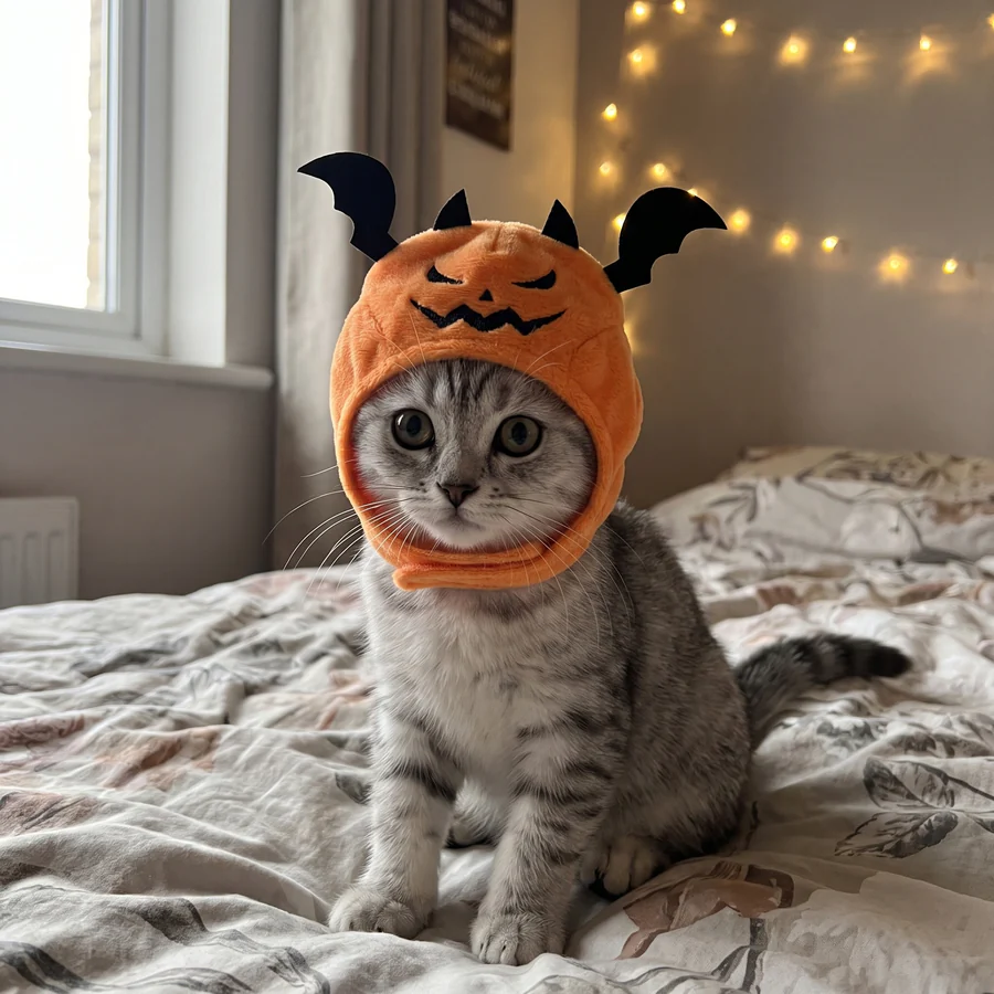 Silver tabby kitten sitting on a bed in the Jack the Bat orange pumpkin cat hood with bat wings