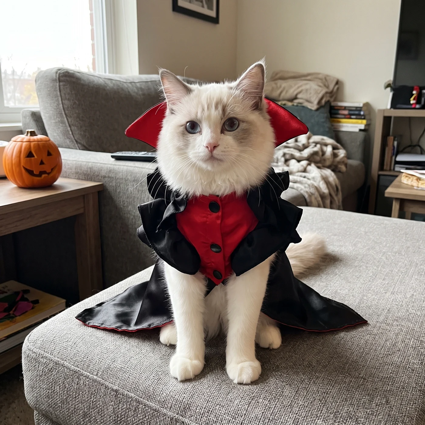 White ragdoll cat sitting on a grey sofa in The Little Count black and red cat vampire costume