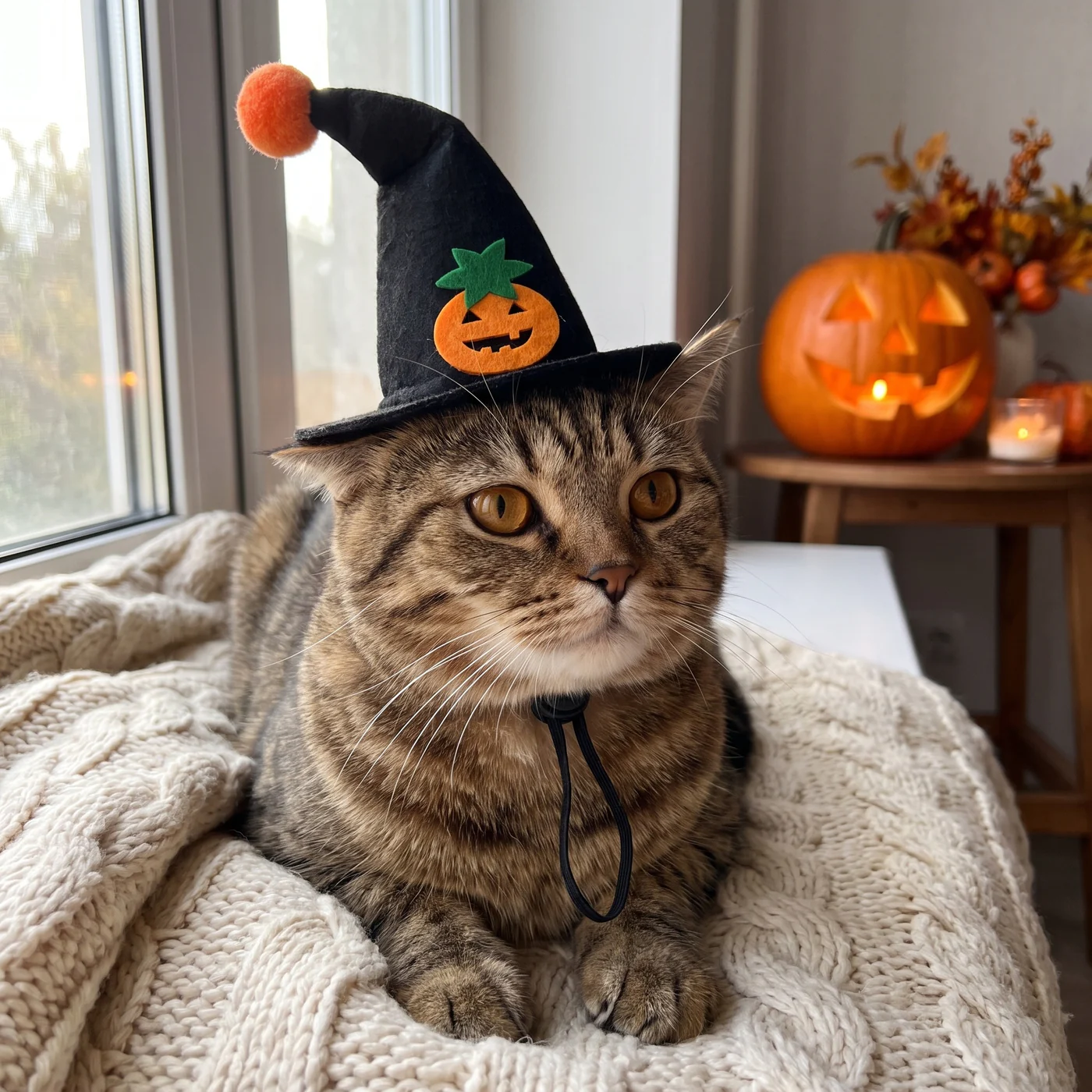 Tabby cat on a knitted blanket wearing The Witch Hat, a small black cat witch hat with an orange pompom