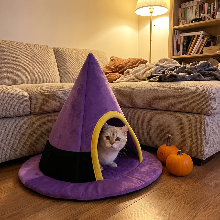 A cream cat peeking out of the purple Witch’s Hat House cat bed beside a sofa, with small pumpkins on the floor
