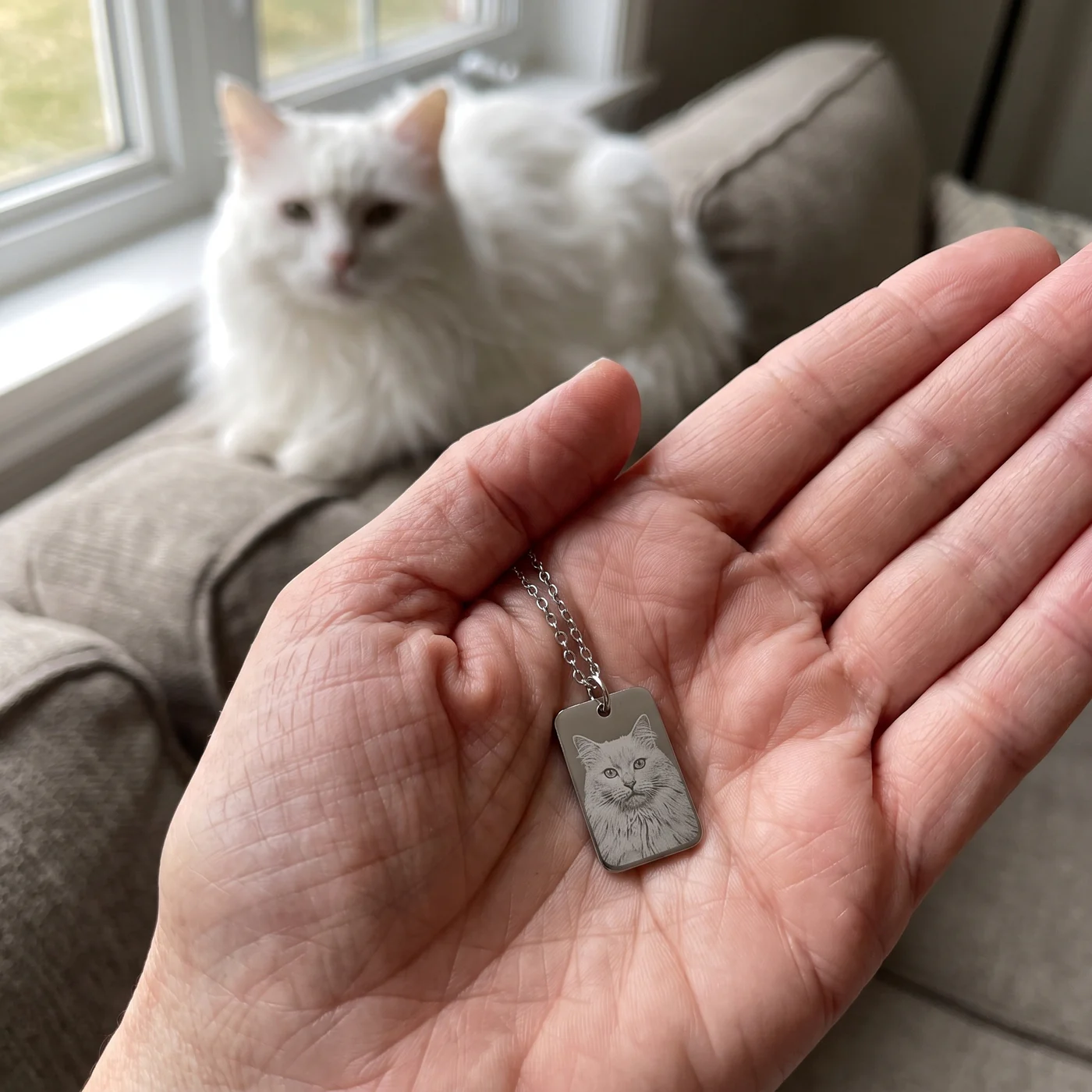 The Keepsake Pendant: a small silver tag engraved with a portrait of a white long-haired cat, held in a palm, with the same cat on the sofa behind