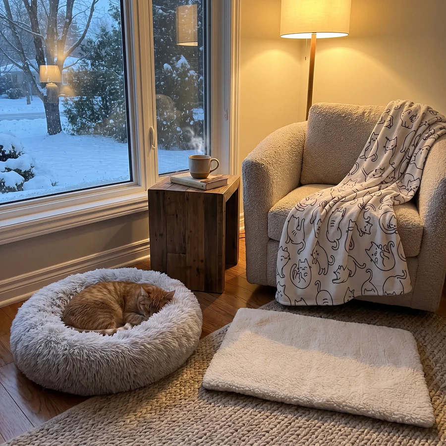 A ginger cat asleep in The Cloud grey donut bed beside The Warm Spot cream self-warming mat, with The Lap Throw cat-print blanket over an armchair: the Cosy Together Set