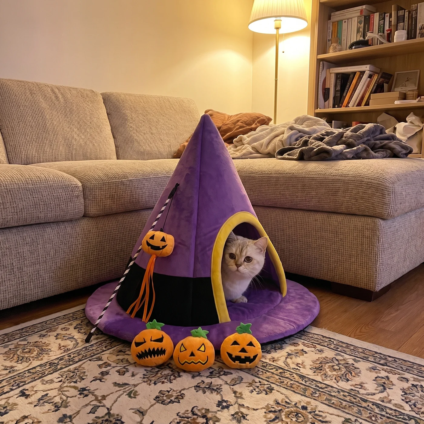 A cat peeking out of a purple witch hat cat bed with plush jack-o’-lantern toys and a pumpkin teaser wand in front: the Haunted House Set