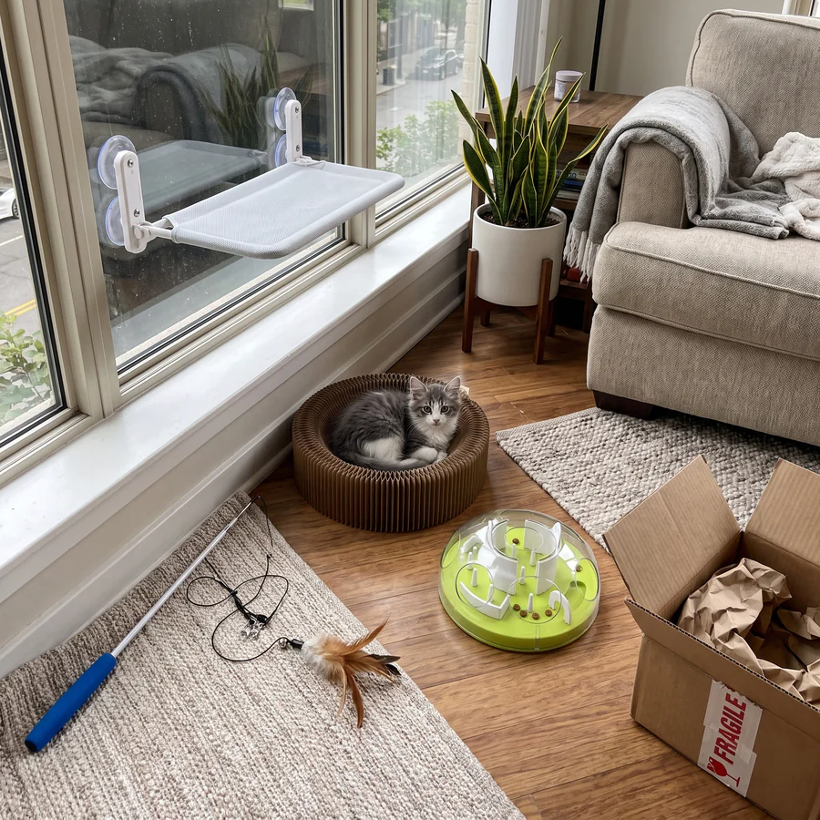 A kitten in a cardboard scratcher lounge beside a feather wand, a puzzle feeder and a window perch: the New Cat Starter Kit