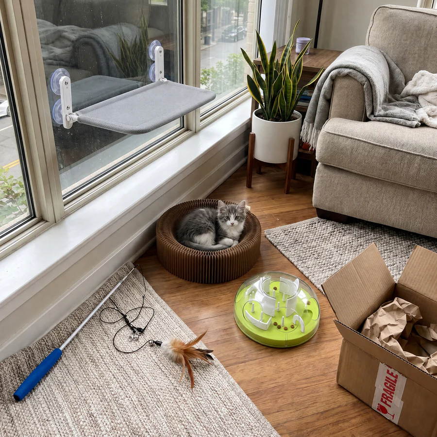 A kitten in a cardboard scratcher lounge beside a feather wand, a puzzle feeder and a window perch: the New Cat Starter Kit