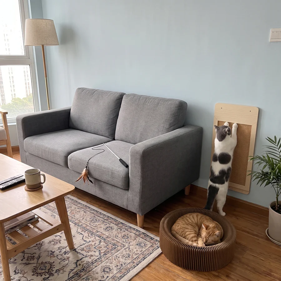 A wall-mounted sisal scratcher beside a sofa, a cardboard scratcher lounge with a cat asleep in it and a feather wand: the Save My Sofa Kit