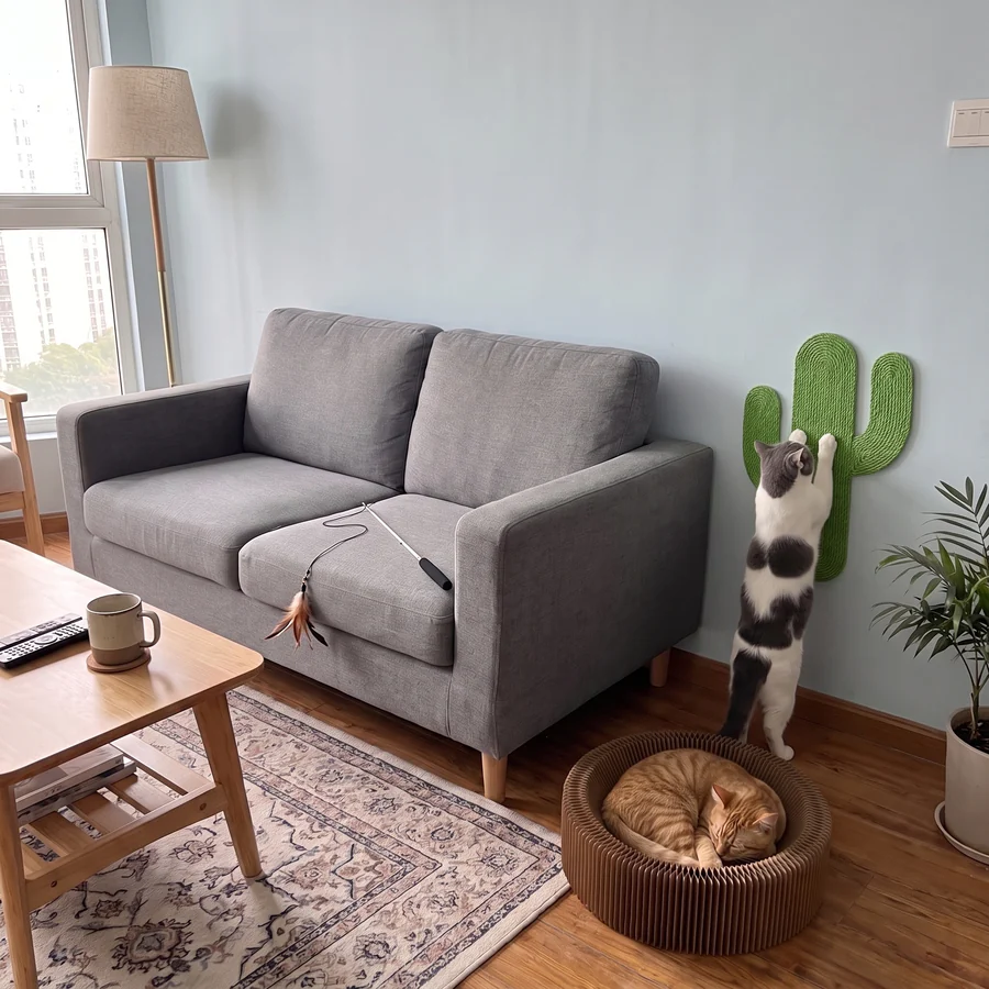 A cat scratching a green jute cactus scratch board beside a sofa, a cat asleep in a round cardboard scratcher lounge, and a feather wand: the Save My Sofa Kit