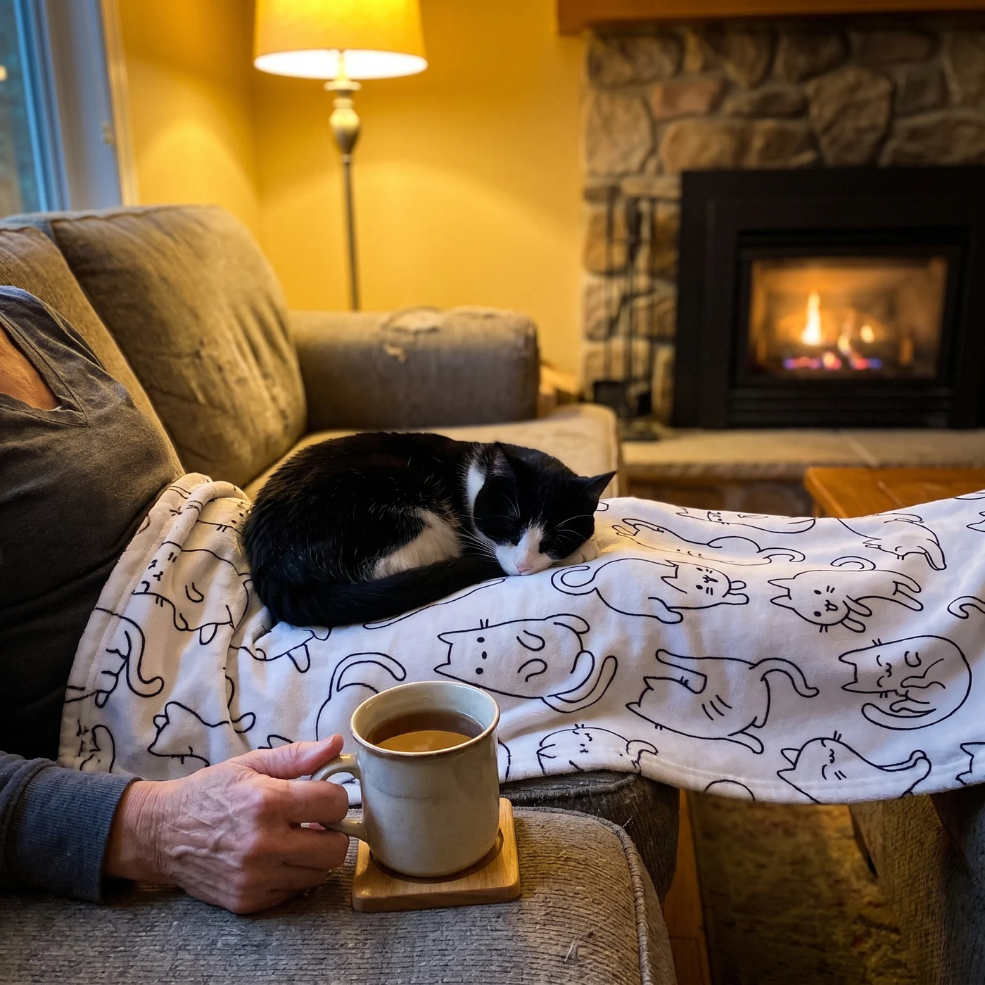 A tuxedo cat asleep on The Lap Throw, a white flannel blanket with a black line-drawing cat pattern, on a woman’s lap by the fire