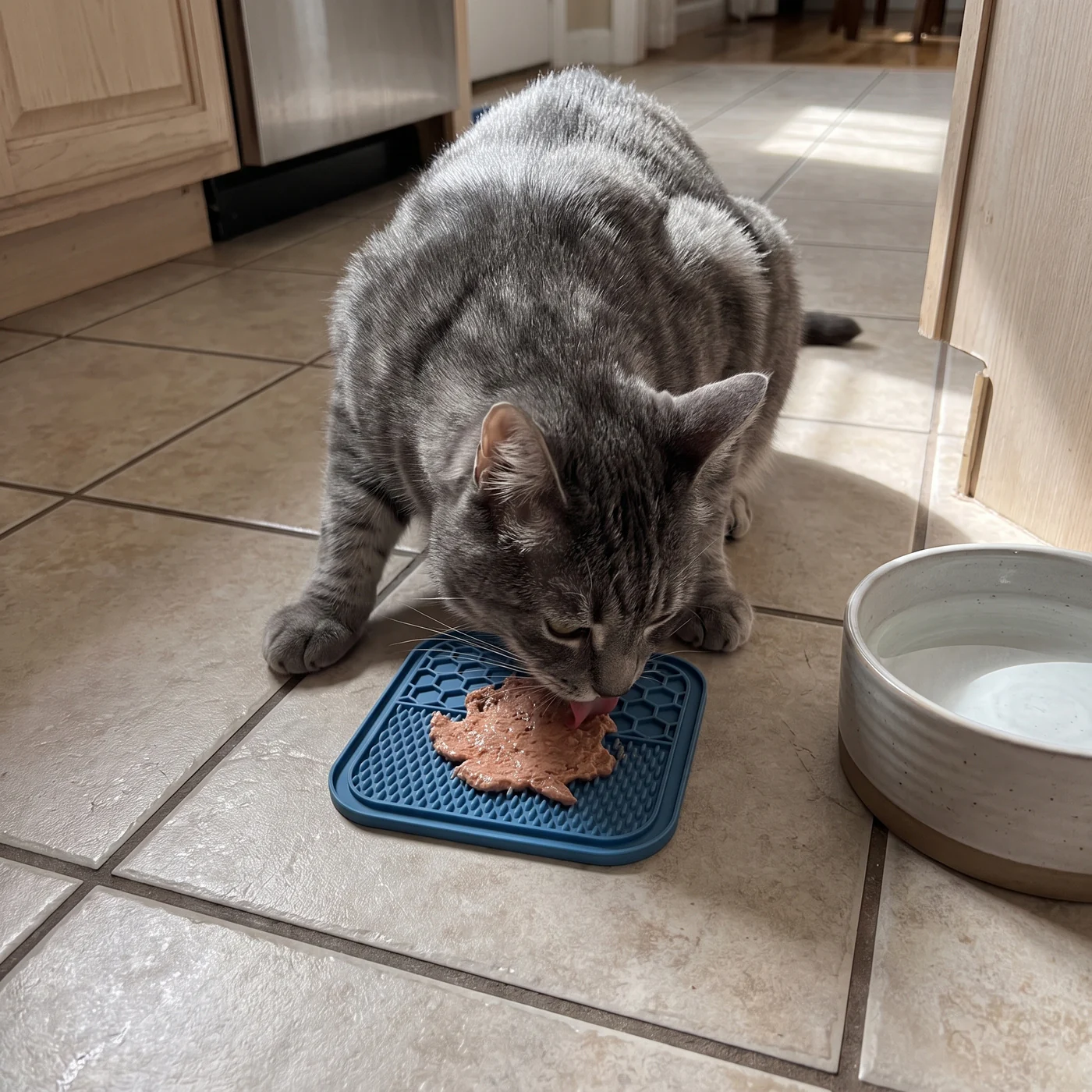 Grey tabby cat licking wet food from The Slow Moment blue silicone cat lick mat on a kitchen floor
