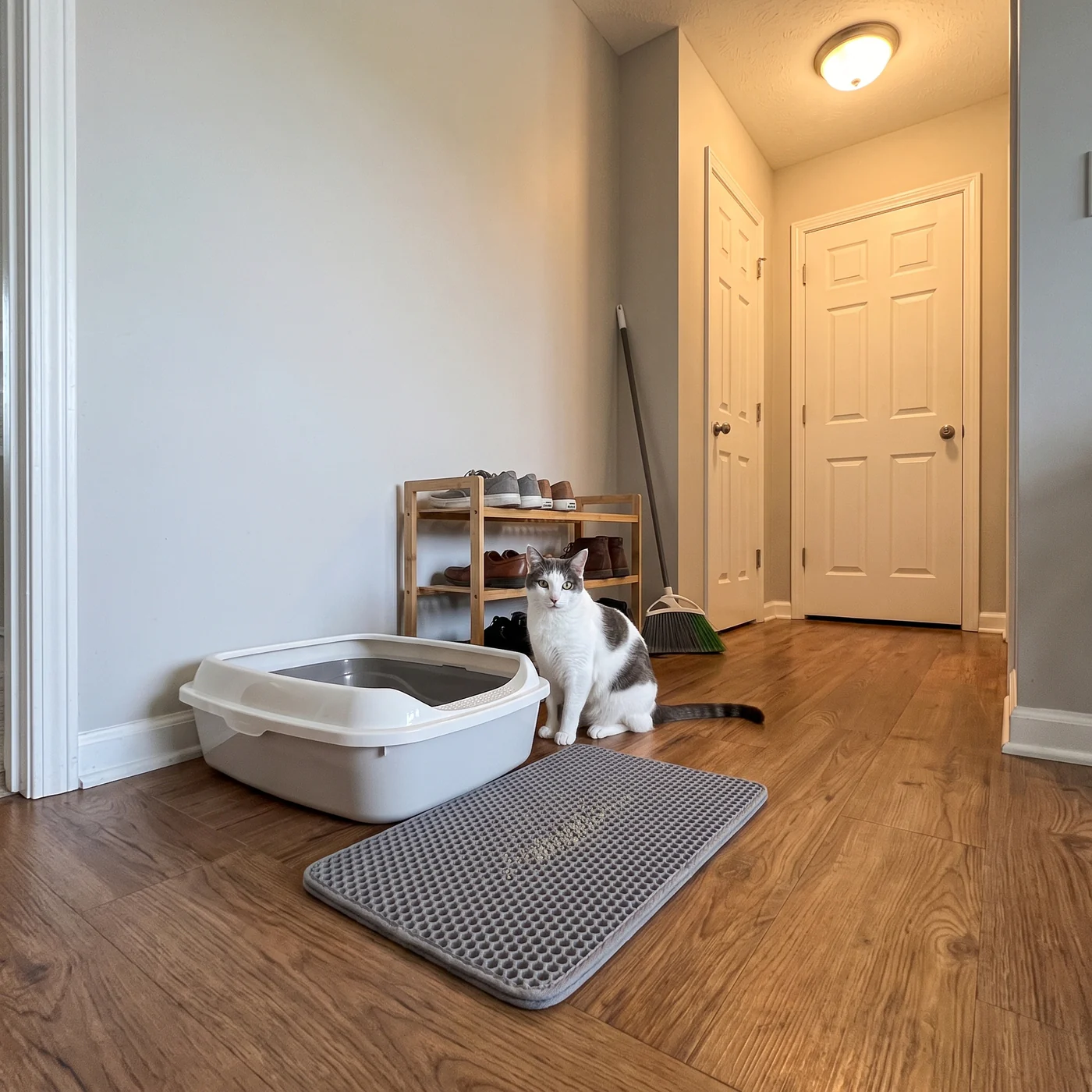 Double layer cat litter mat in front of a litter box in an apartment hallway