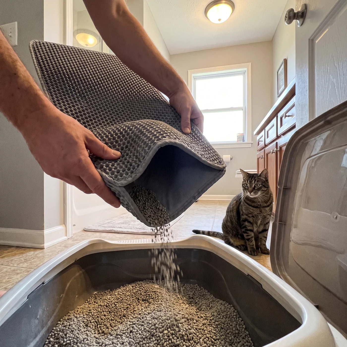 Tipping trapped litter from a double layer cat litter mat back into the litter box