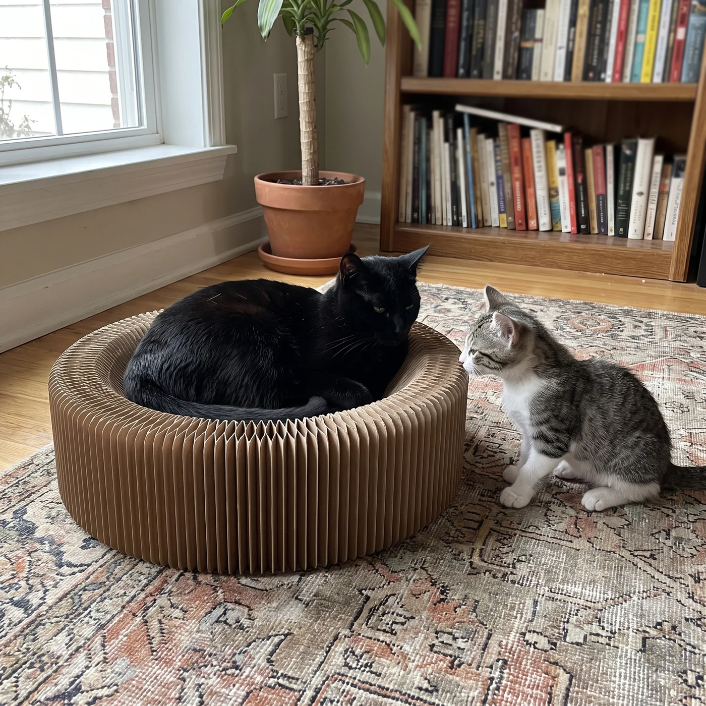 Two cats sharing a 20 inch round cardboard cat scratcher lounge