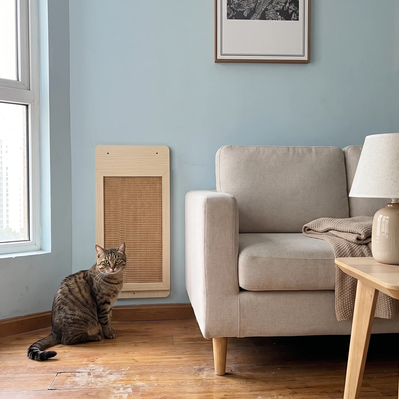 Wall-mounted sisal cat scratcher on a living-room wall beside an armchair, with a tabby cat