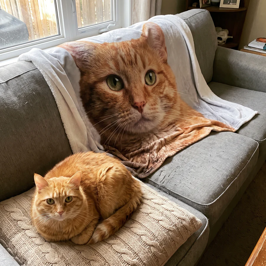 The Portrait Blanket: a flannel blanket printed with a large photo of an orange tabby cat, draped over a sofa, with the same cat lying in front of it