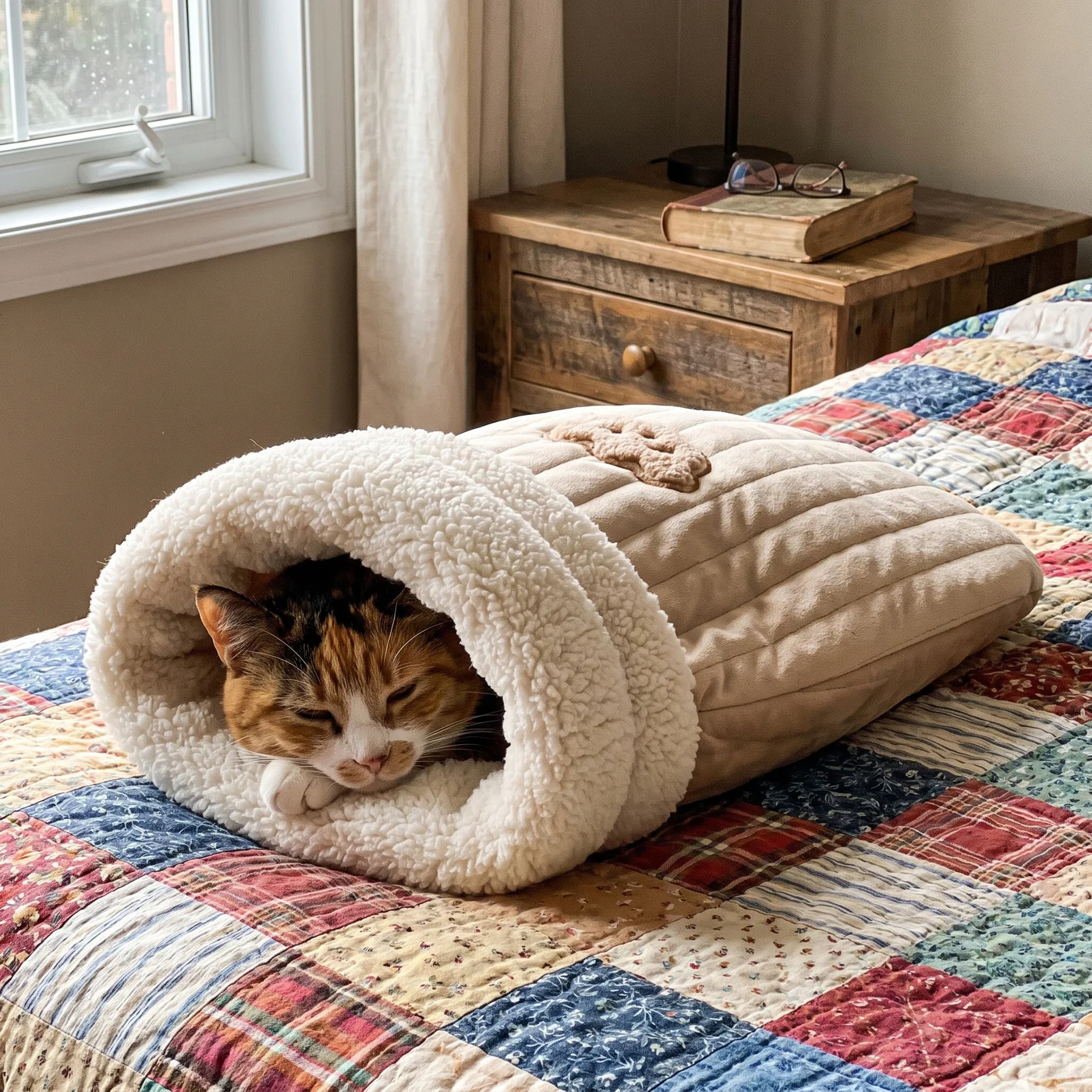 A calico cat peeking out of The Snuggle Sack, an oatmeal cat sleeping bag with a sherpa cuff, on a patchwork quilt