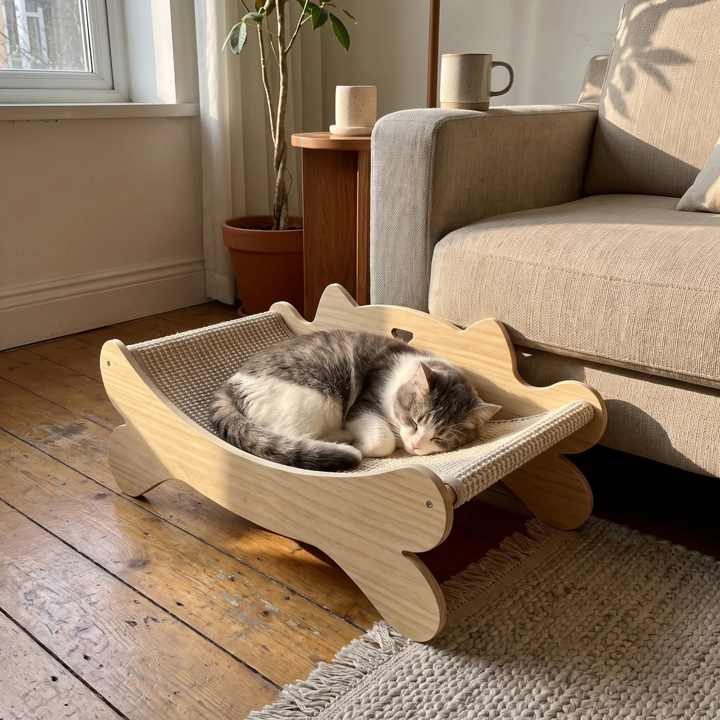 Grey and white cat asleep in The Sunday Chair, a wooden cat scratcher lounge with a sisal seat and cat-ear backrest, beside a sofa