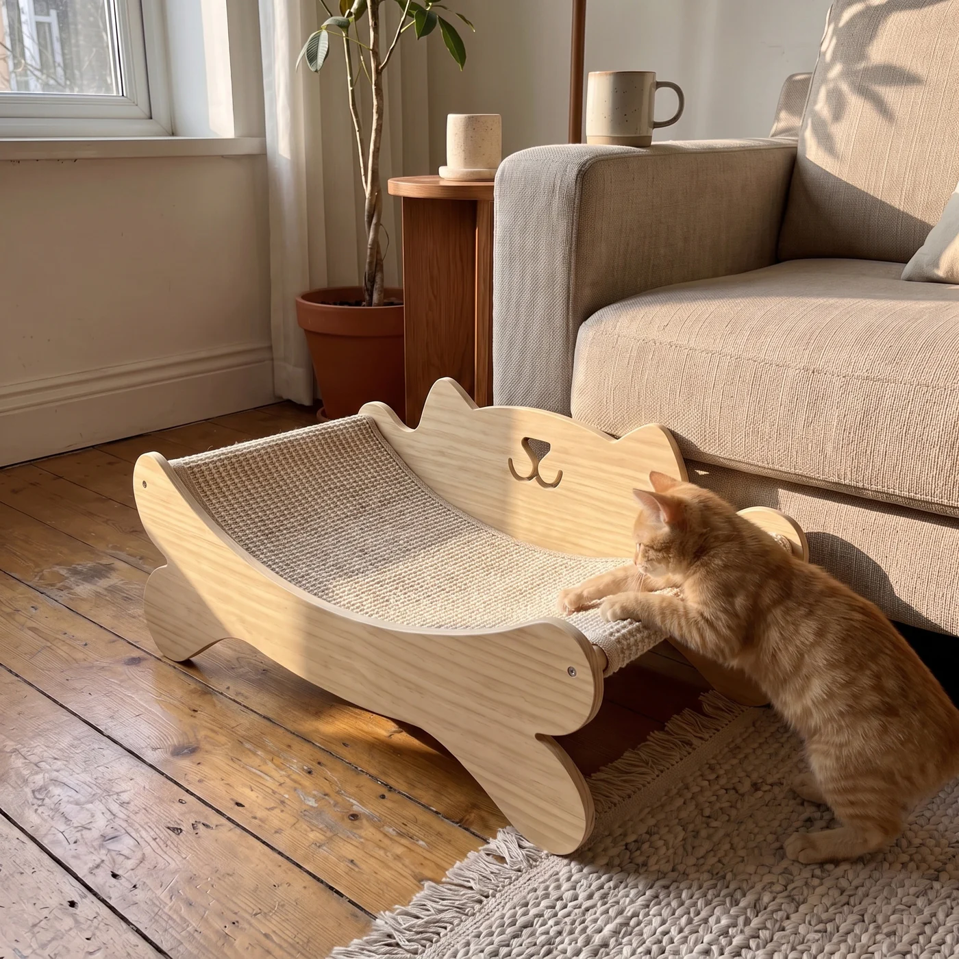 Orange tabby cat scratching the sisal seat of a wooden cat scratcher lounge chair
