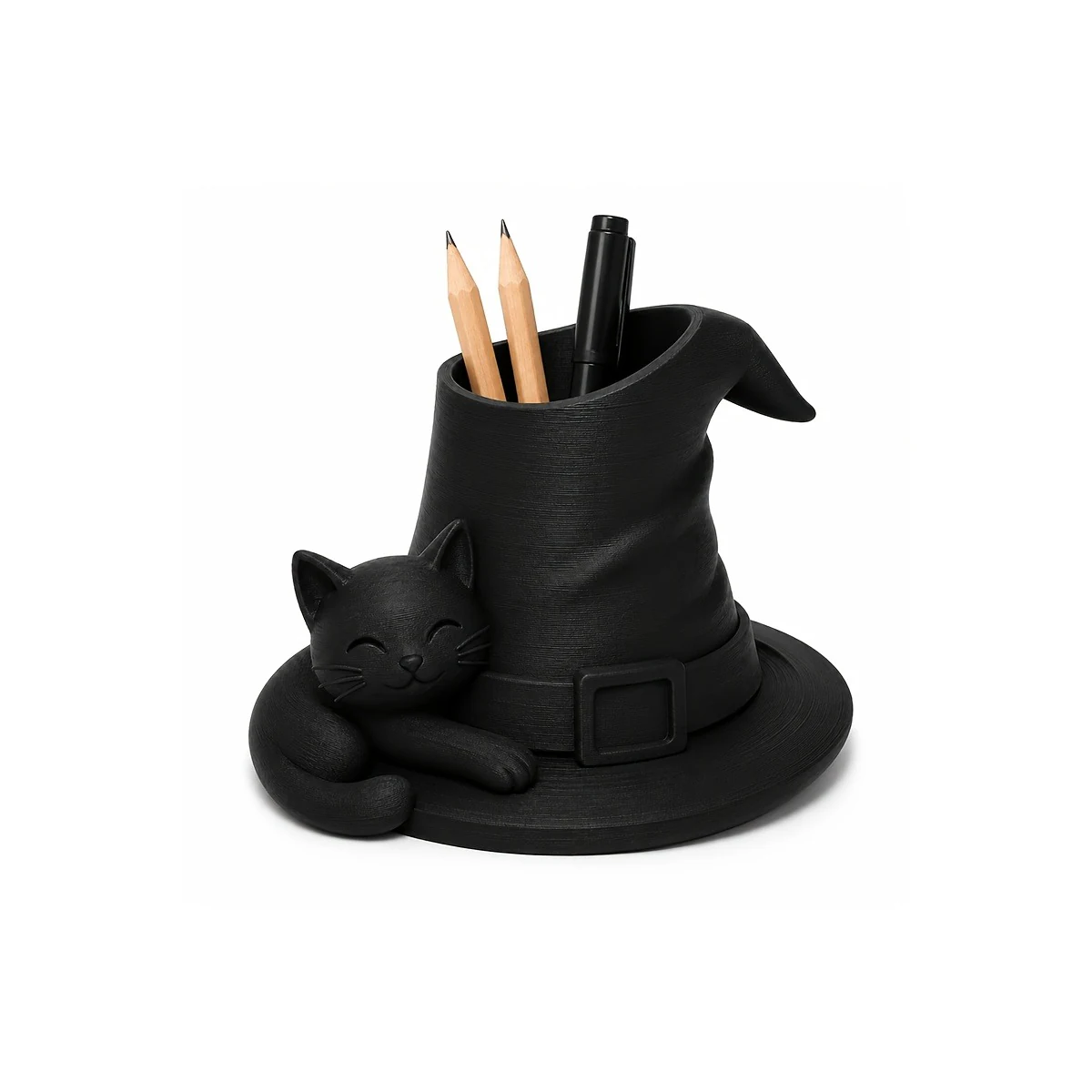 Matte black witch hat pen cup with a sleeping black cat on the brim