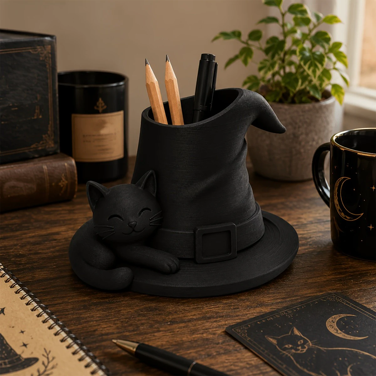 Black cat witch hat pen holder on a desk