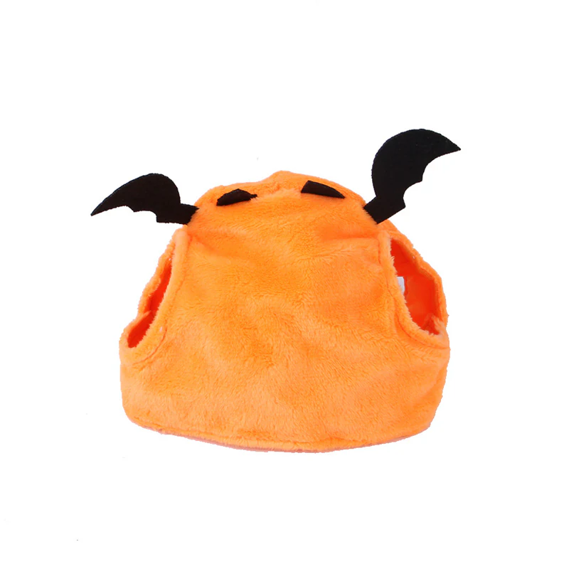 Orange plush pumpkin cat hat with felt bat wings