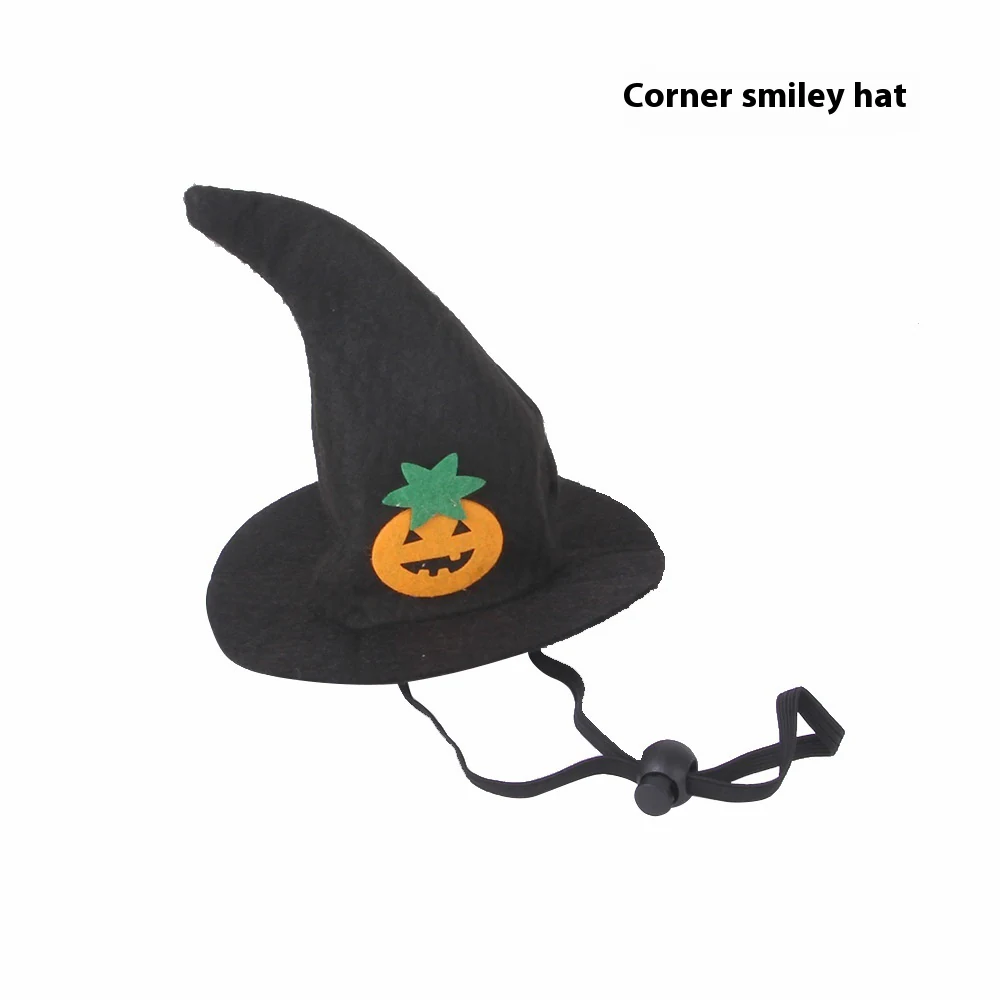 Small black felt cat witch hat with an embroidered pumpkin and chin cord